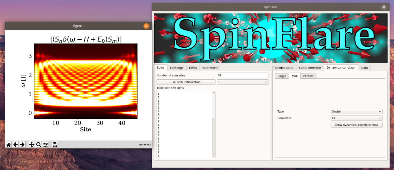The SpinFlare window beside a plot of the dynamical structure factor of a spin chain as a function of site and energy.